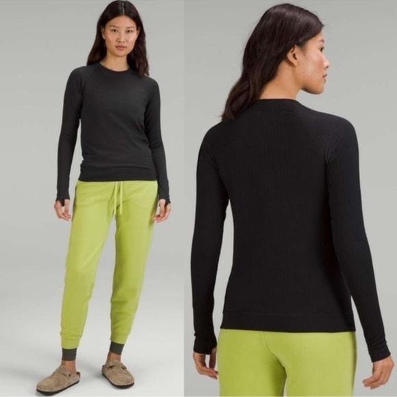 lululemon athletica Tops - Lululemon Womens Top Black Rest Less Pullover Crew Neck Ribbed T Shirt Size